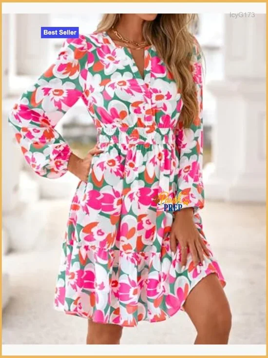 Floral Mini Dress Long Sleeve Elastic Waist Wedding Guest Vacation Outfit - Picture 5 of 7